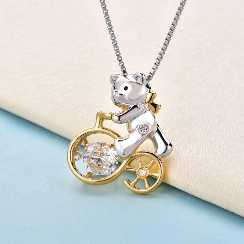 Bear Riding Bicycle Dancing Stone Pendant Necklace