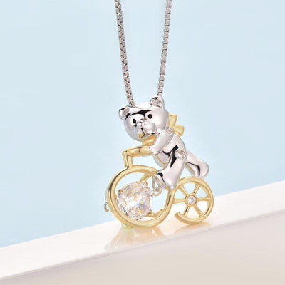 Bear Riding Bicycle Dancing Stone Pendant Necklace