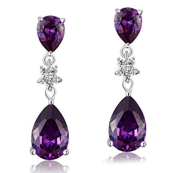 3.5 Carat Purple Pear Cut Created Sapphire Dangle Earrings