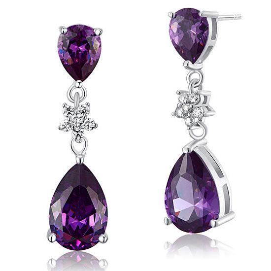 3.5 Carat Purple Pear Cut Created Sapphire Dangle Earrings