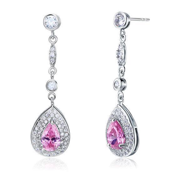 1.5 Carat Pear Cut Pink Created Sapphire Dangle Earrings
