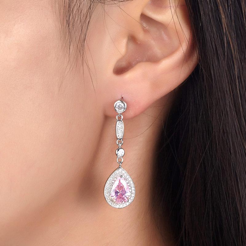 1.5 Carat Pear Cut Pink Created Sapphire Dangle Earrings