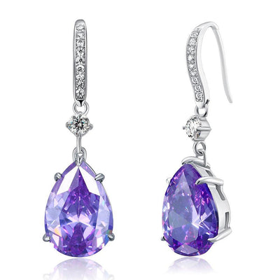 Purple Pear Created Sapphire Dangle Hook Earrings