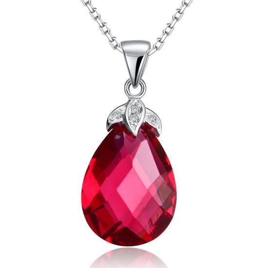 Silver Tear Drop Fuchsia Crystal Pendant Necklace