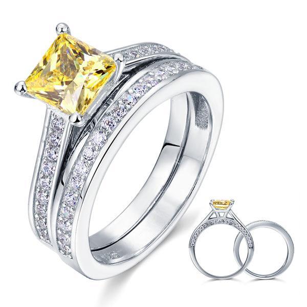 1.5 Ct Princess Cut Yellow Canary 2-Pcs Ring Set