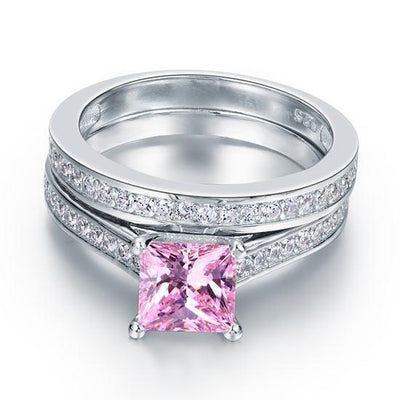 1.5 Carat Princess Cut Pink Created Diamond 2-Pc Ring Set