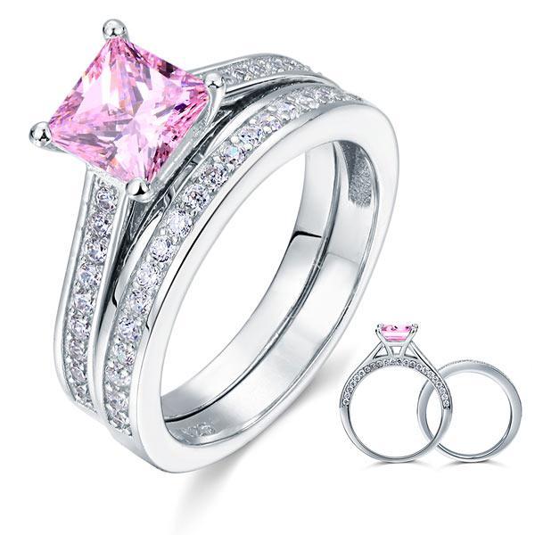 1.5 Carat Princess Cut Pink Created Diamond 2-Pc Ring Set