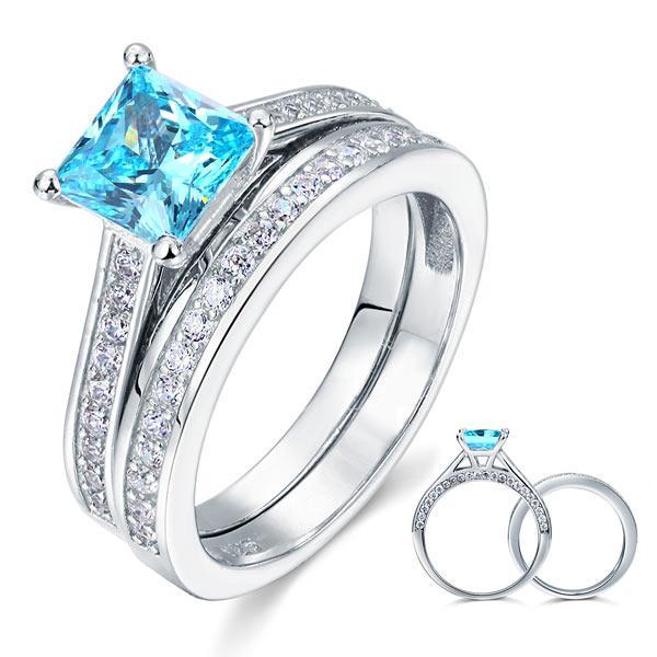 1.5 Carat Princess Cut Blue Created Diamond 2-Pcs Ring Set