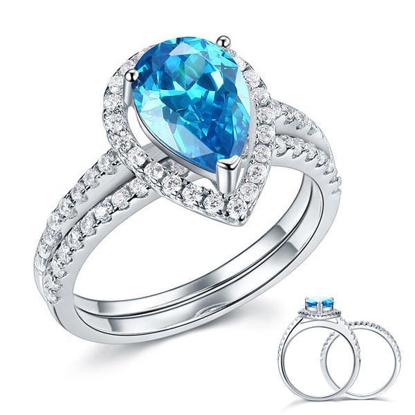 2 Carat Pear Fancy Blue Created Diamond Ring Set