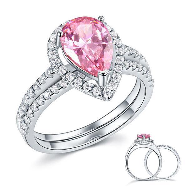 2 Carat Pear Fancy Pink Created Diamond Ring Set