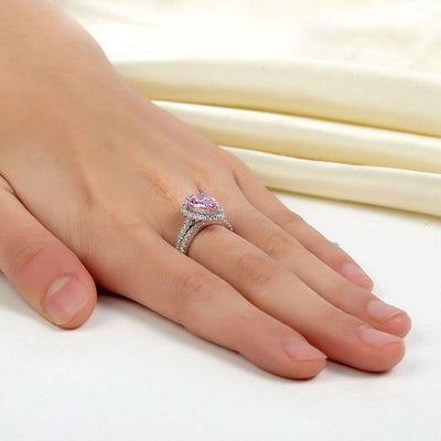 2 Carat Pear Fancy Pink Created Diamond Ring Set